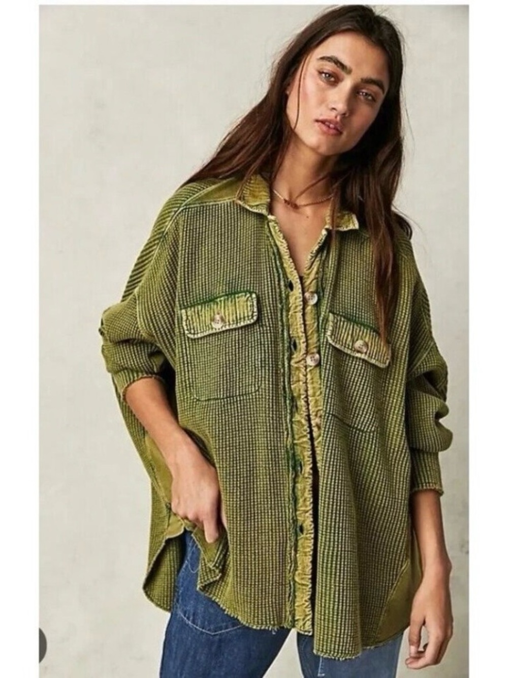 Free People FP One Green Textured Button-Up Scout Shacket Waffle Knit Slouchy Sm
